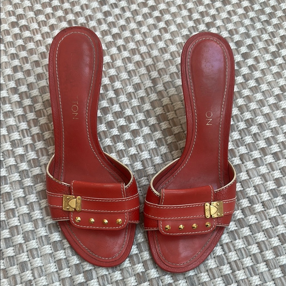 Louis Vuitton Red Leather Sandals with Gold Accents